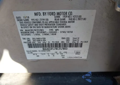 2019 Ford Ecosport S z USA, uszkodzony, nr VIN MAJ6S3FL7KC257803